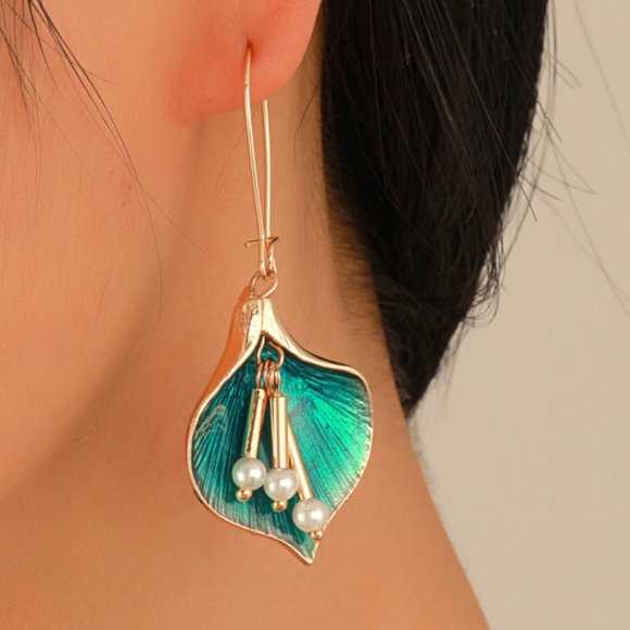 3/$35 Flower Leaf Pearl Green Gold Dangle Drop Fashion Earrings Women Jewelry - Picture 6 of 6